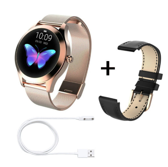 LUNIVA CARE USA activity tracker with step counter in rose gold with extra black leather strap and USB charger