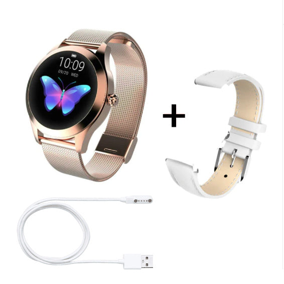 Luniva Care USA smart fitness band with rose gold mesh strap, extra white leather strap, and USB charging cable activity tracker with step counter