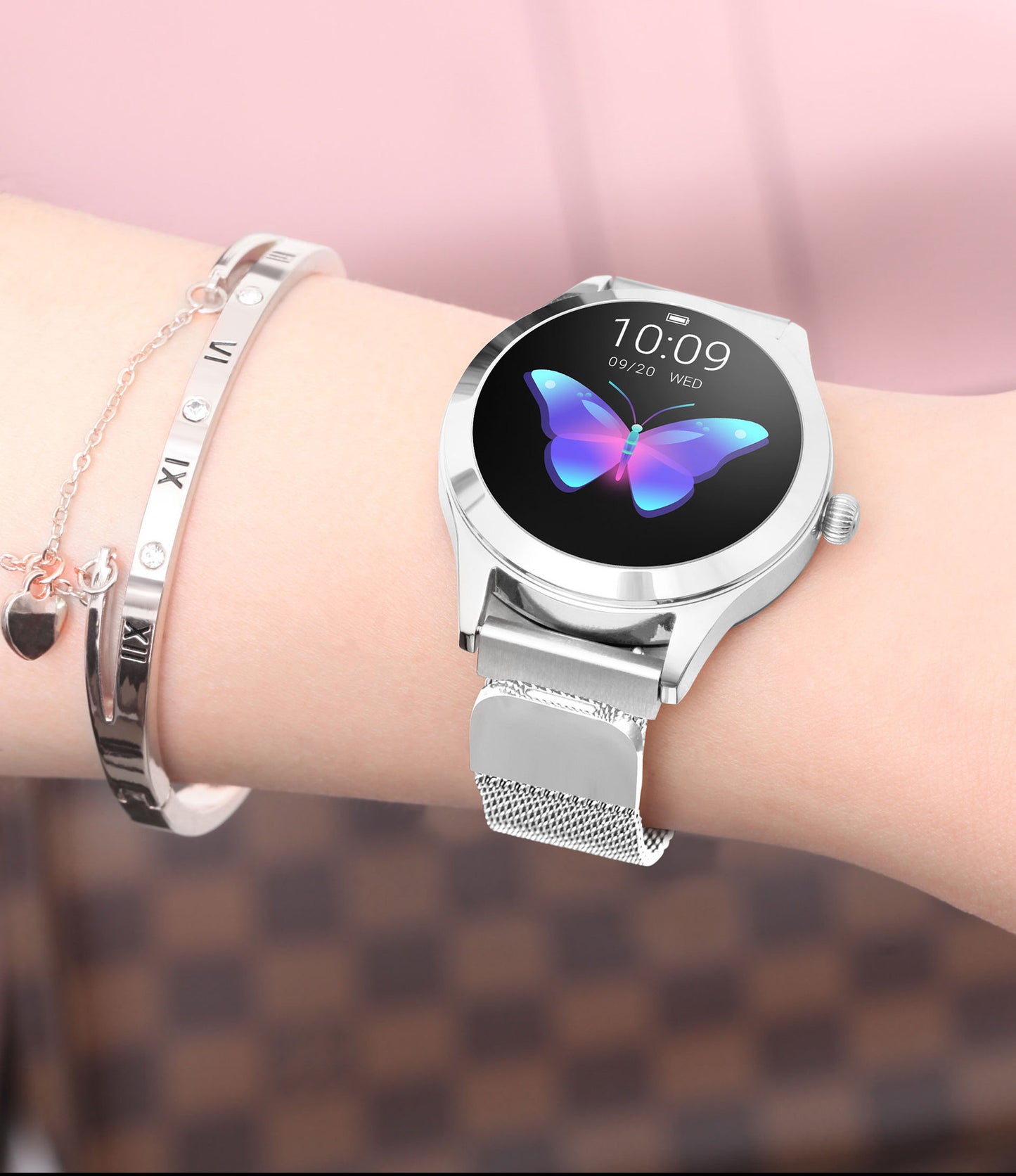 LUNIVA CARE USA smart fitness band with silver mesh strap and activity tracker with step counter on wrist