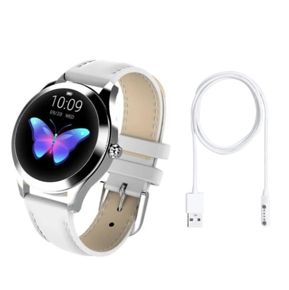 LUNIVA CARE USA smart fitness band with white strap and activity tracker with step counter and USB charging cable