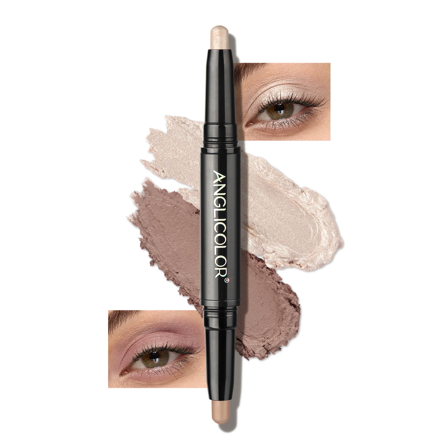 LUNIVA CARE USA double-headed eyeshadow stick in neutral shades with swatches and eye makeup examples