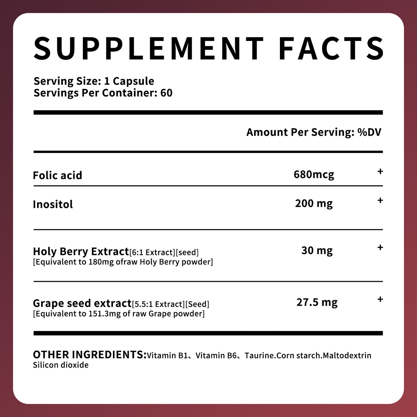 Supplement facts label of glow boosting supplements for radiant skin with folic acid and berry extracts