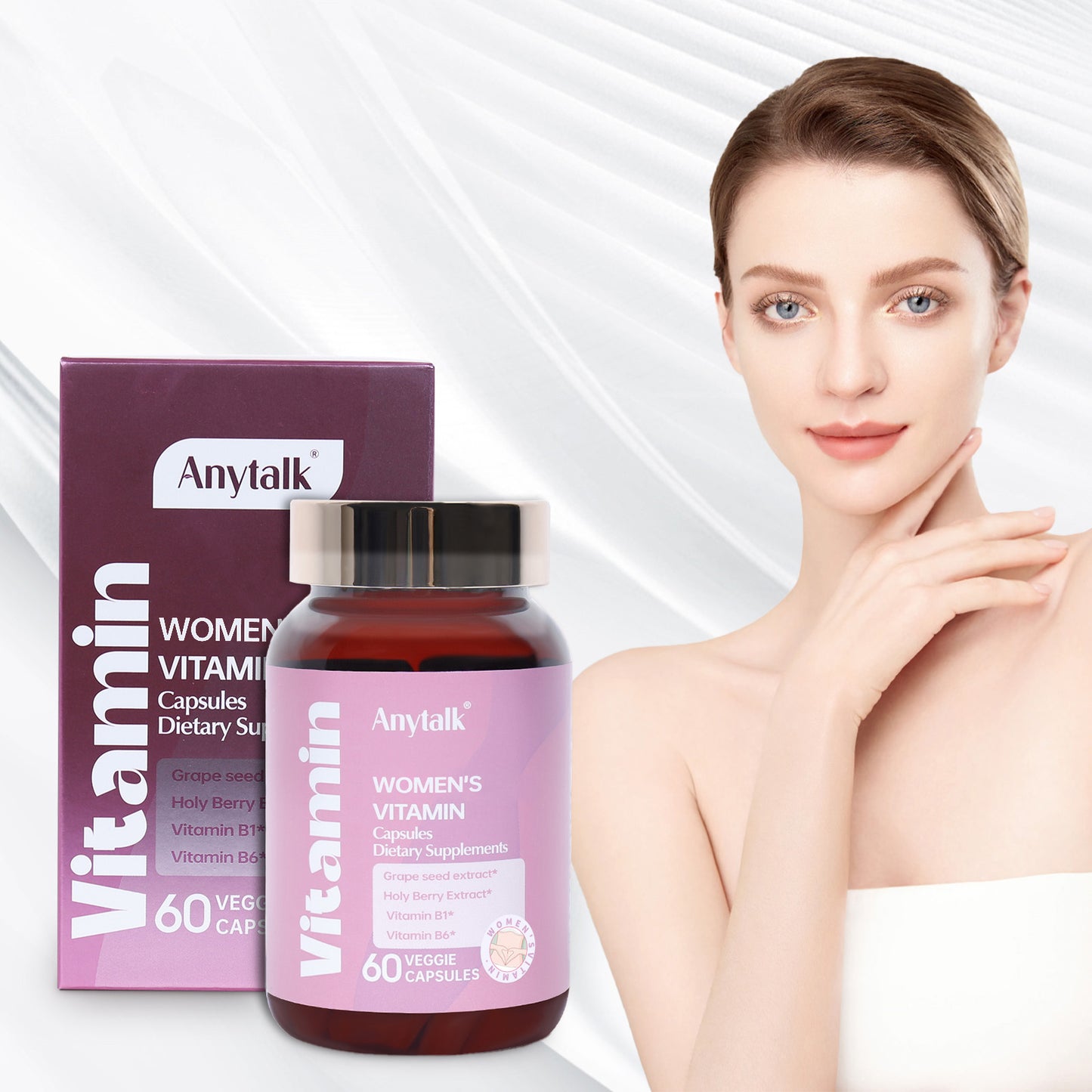 Luniva Care USA glow boosting supplements for radiant skin shown with vitamin capsules and smiling woman