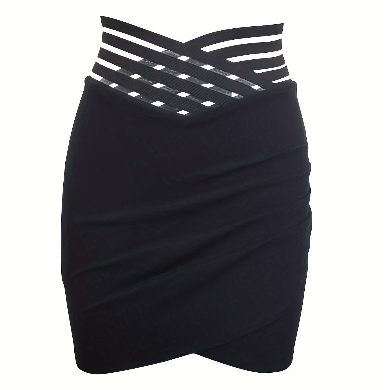 Black asymmetric hem skirt for women with striped waistband and fitted design