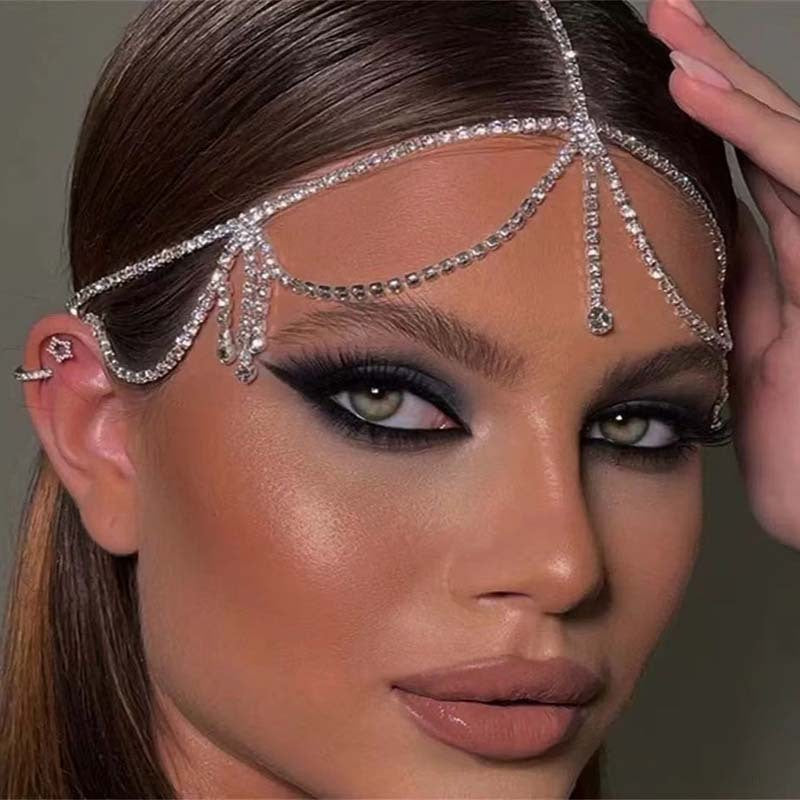LUNIVA CARE USA bridal water diamond forehead chain head accessory worn on model for festival or bridal look