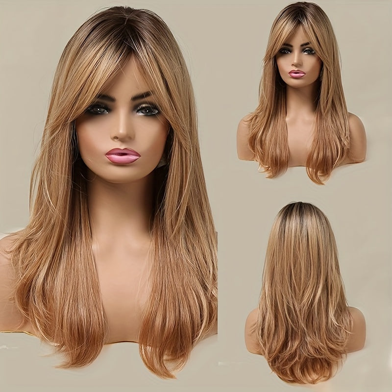 LUNIVA CARE USA synthetic wig with bangs for daily wear featuring long straight light brown hair