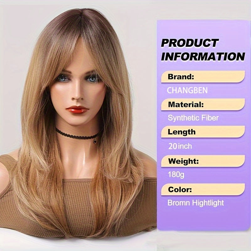 LUNIVA CARE USA synthetic wig with bangs for daily wear in long brown highlight curly hair