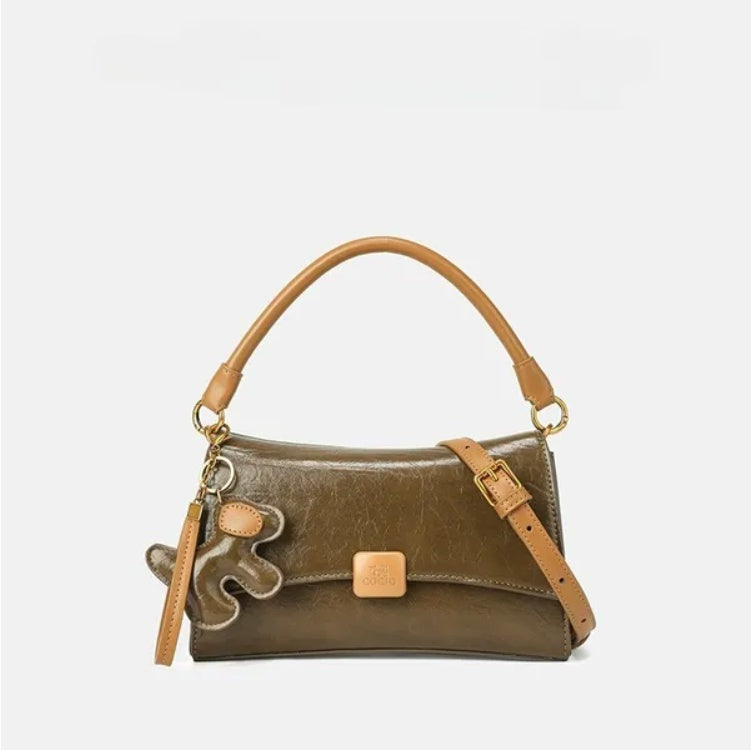 LUNIVA CARE USA women's small purse with dog charm in brown leather shoulder bag