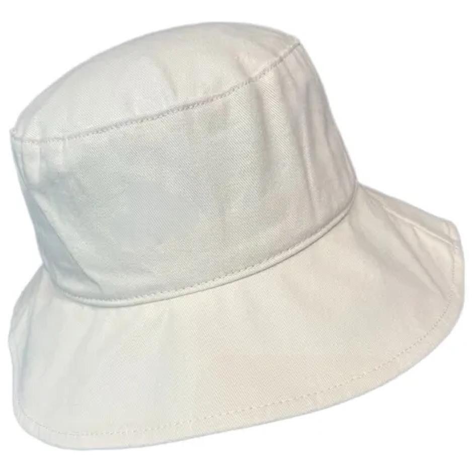 White cotton wide brim bucket hat with simple stitched design for sun protection