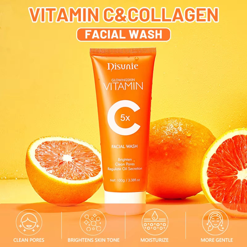 Luniva Care USA vitamin C face wash for glowing skin with collagen and fresh oranges on yellow background