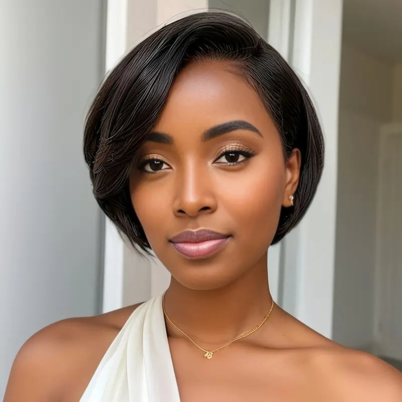 LUNIVA CARE USA easy wear human hair wig for sensitive scalp styled in a sleek short bob