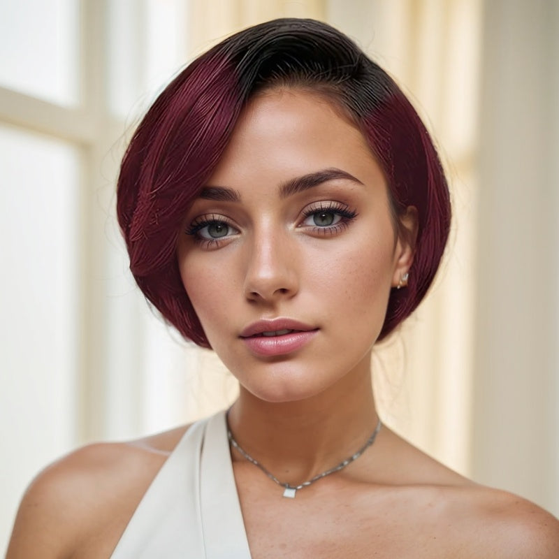 LUNIVA CARE USA easy wear human hair wig for sensitive scalp in short burgundy style on woman