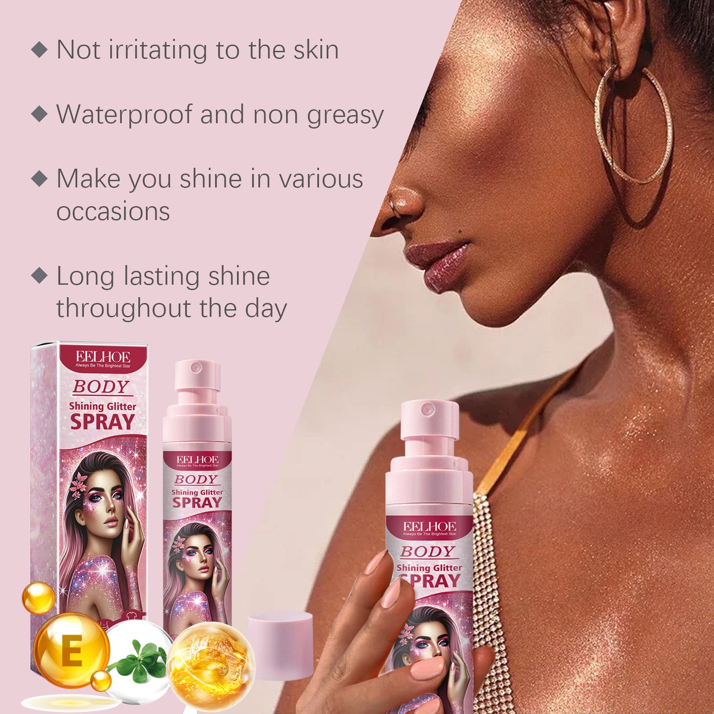 LUNIVA CARE USA glitter highlighter spray held by woman with glowing skin and shimmering makeup