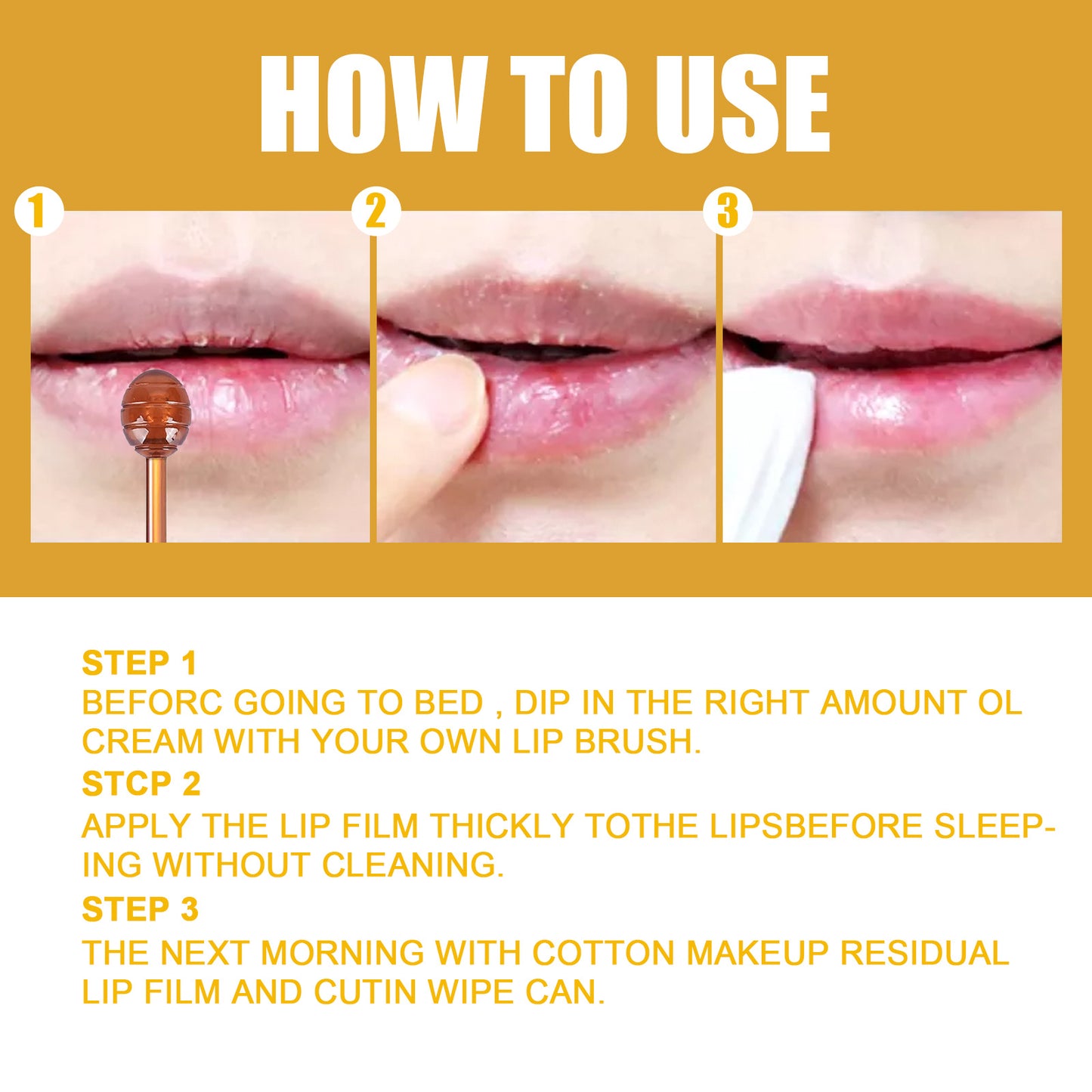 Step-by-step guide showing how to apply honey lip mask overnight with a lip brush and cotton wipe