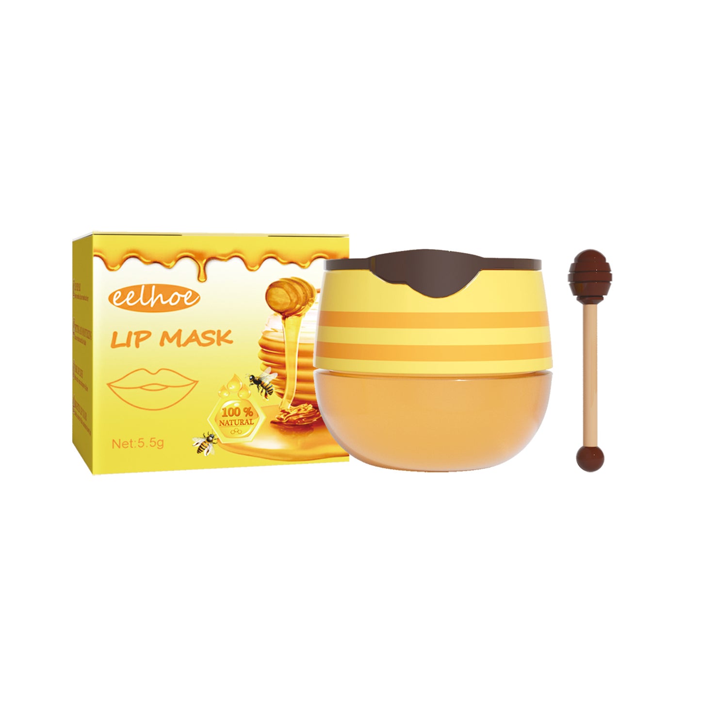 LUNIVA CARE USA honey lip mask overnight in yellow jar with honey dipper and packaging