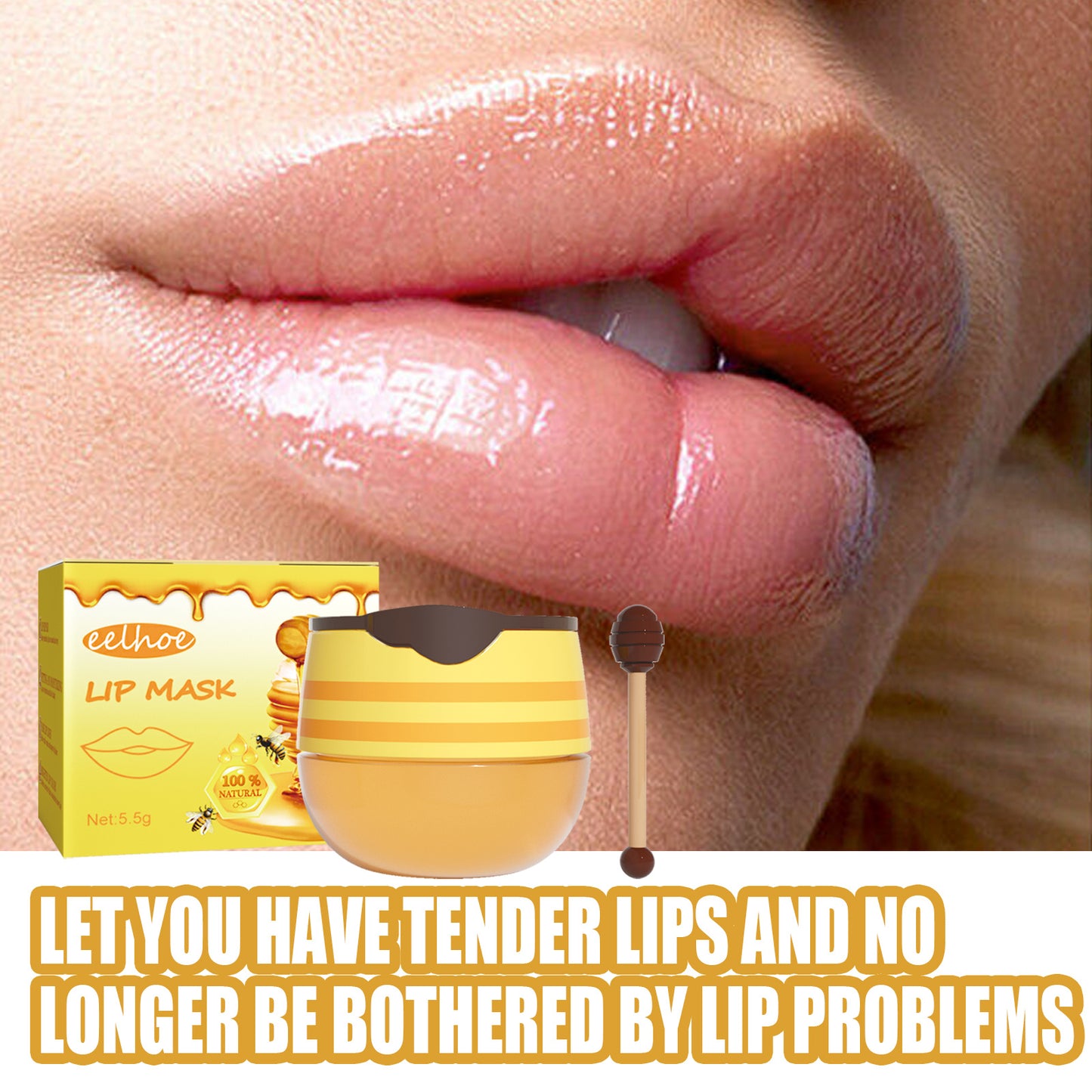 LUNIVA CARE USA honey lip mask overnight with close-up of glossy smooth lips and applicator