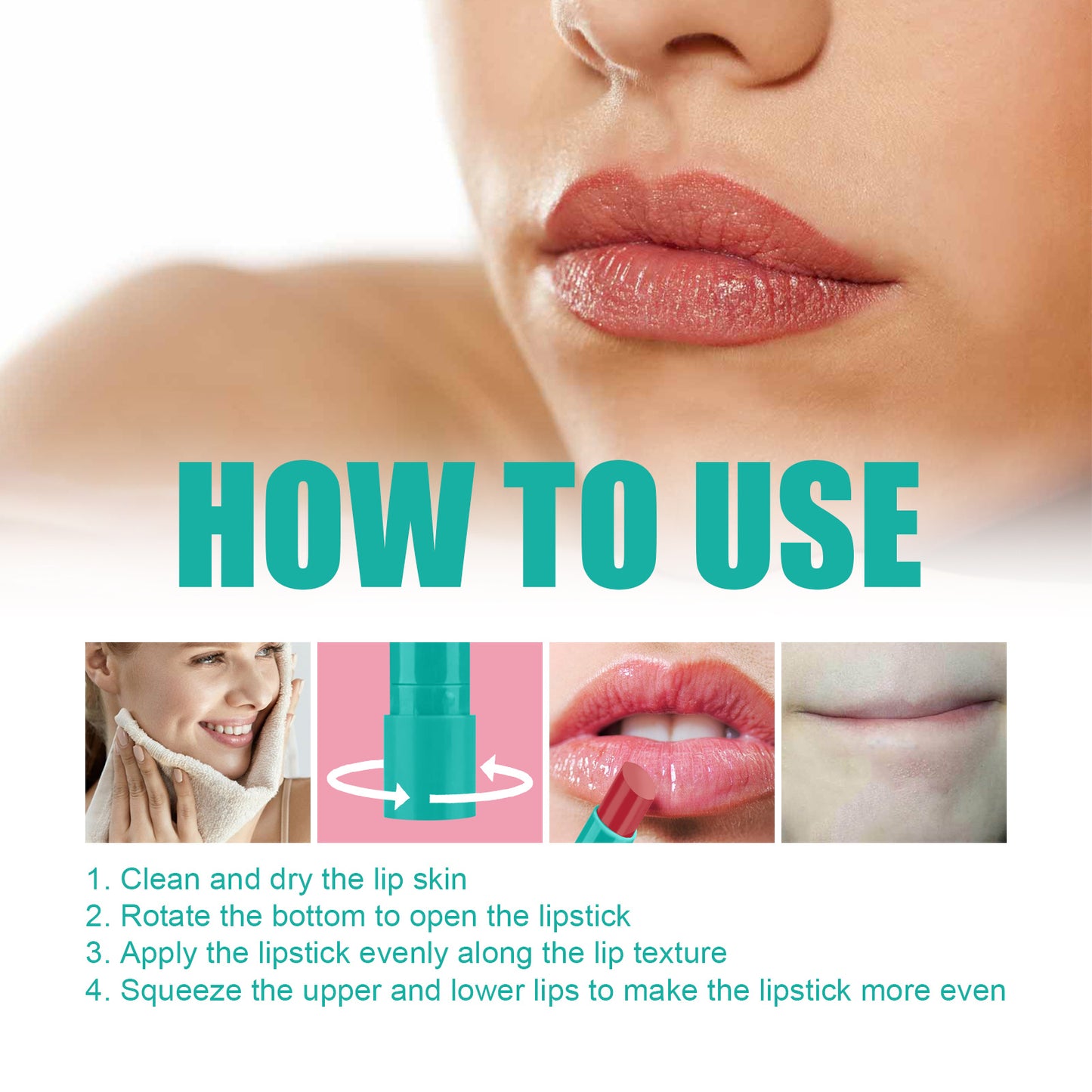 LUNIVA CARE USA moisturizing lip gloss reduces lines with step by step usage instructions on lips