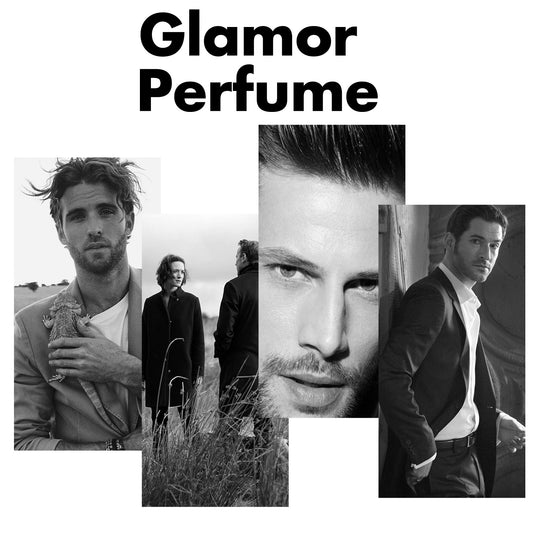 Black and white collage of stylish men with text Glamor Perfume showcasing pheromone perfume for men and women