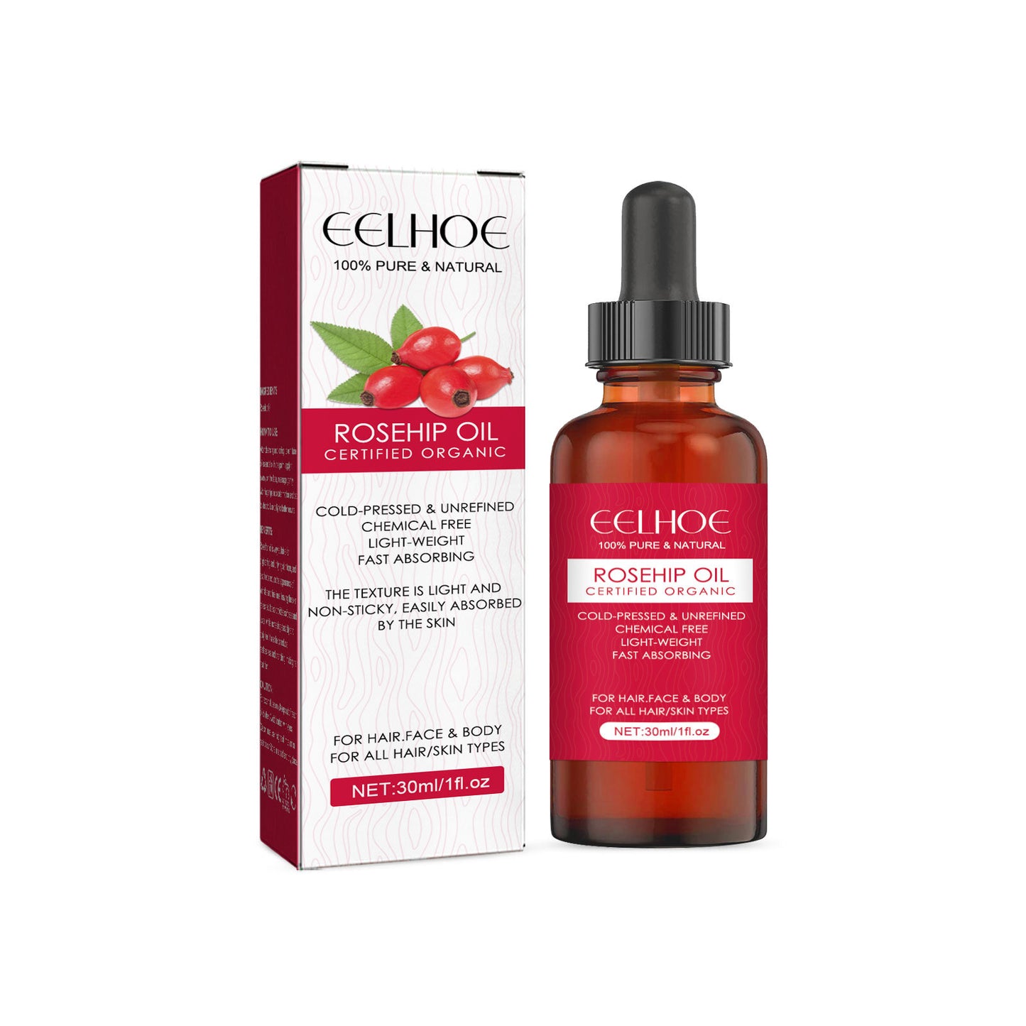 LUNIVA CARE USA rosehip facial oil for glowing skin in a 30ml amber dropper bottle with white and red packaging