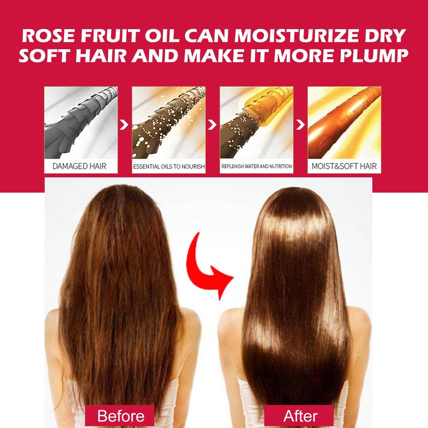Before and after use of rosehip facial oil for glowing skin showing damaged hair transformed to moist and soft hair