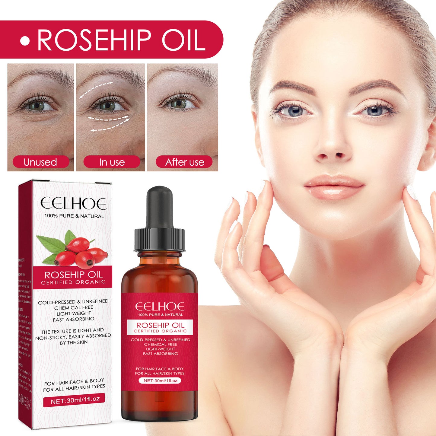 LUNIVA CARE USA rosehip facial oil for glowing skin with packaging and application demonstration on woman's face