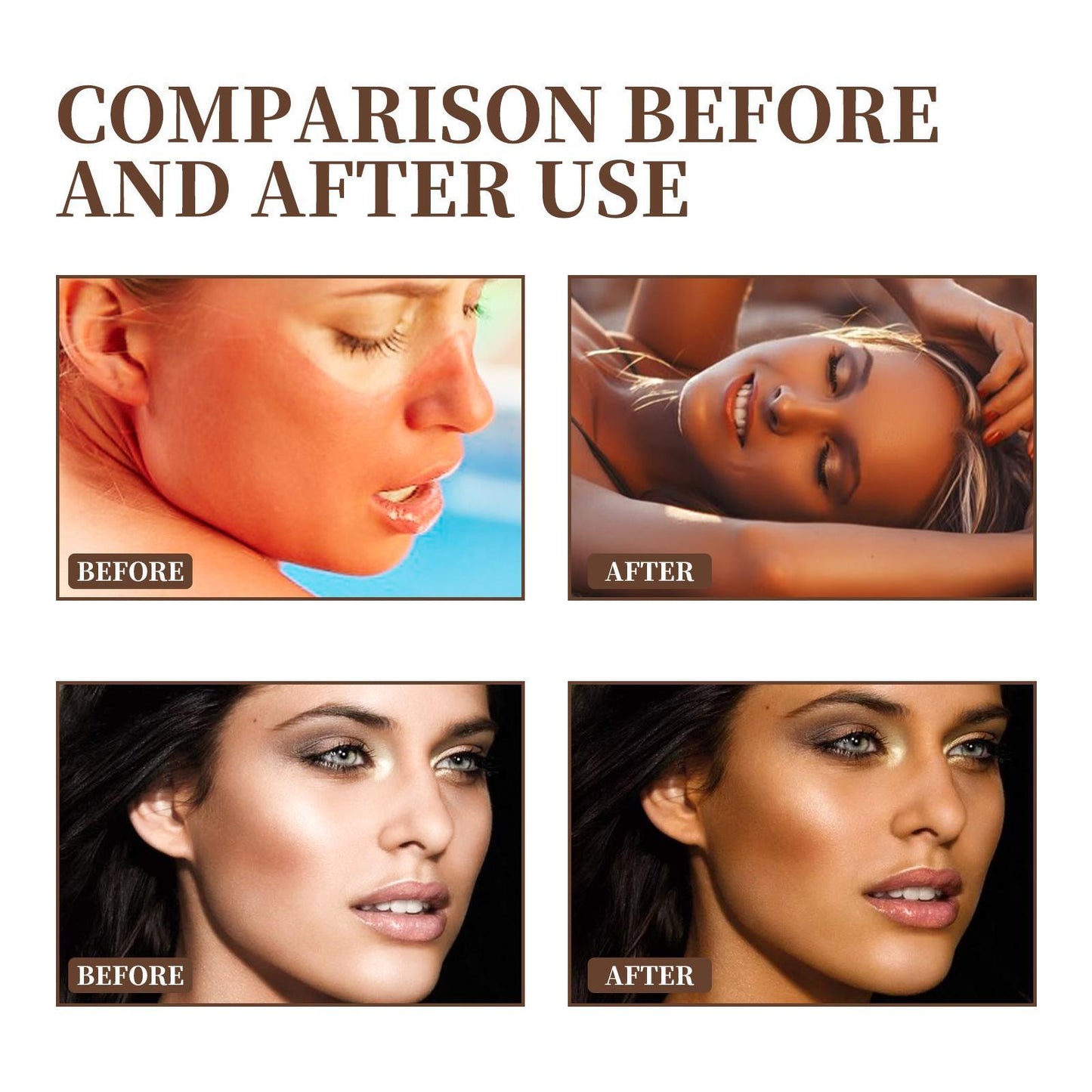 Comparison before and after using self tanning cream for glowing skin showing improved radiant tan