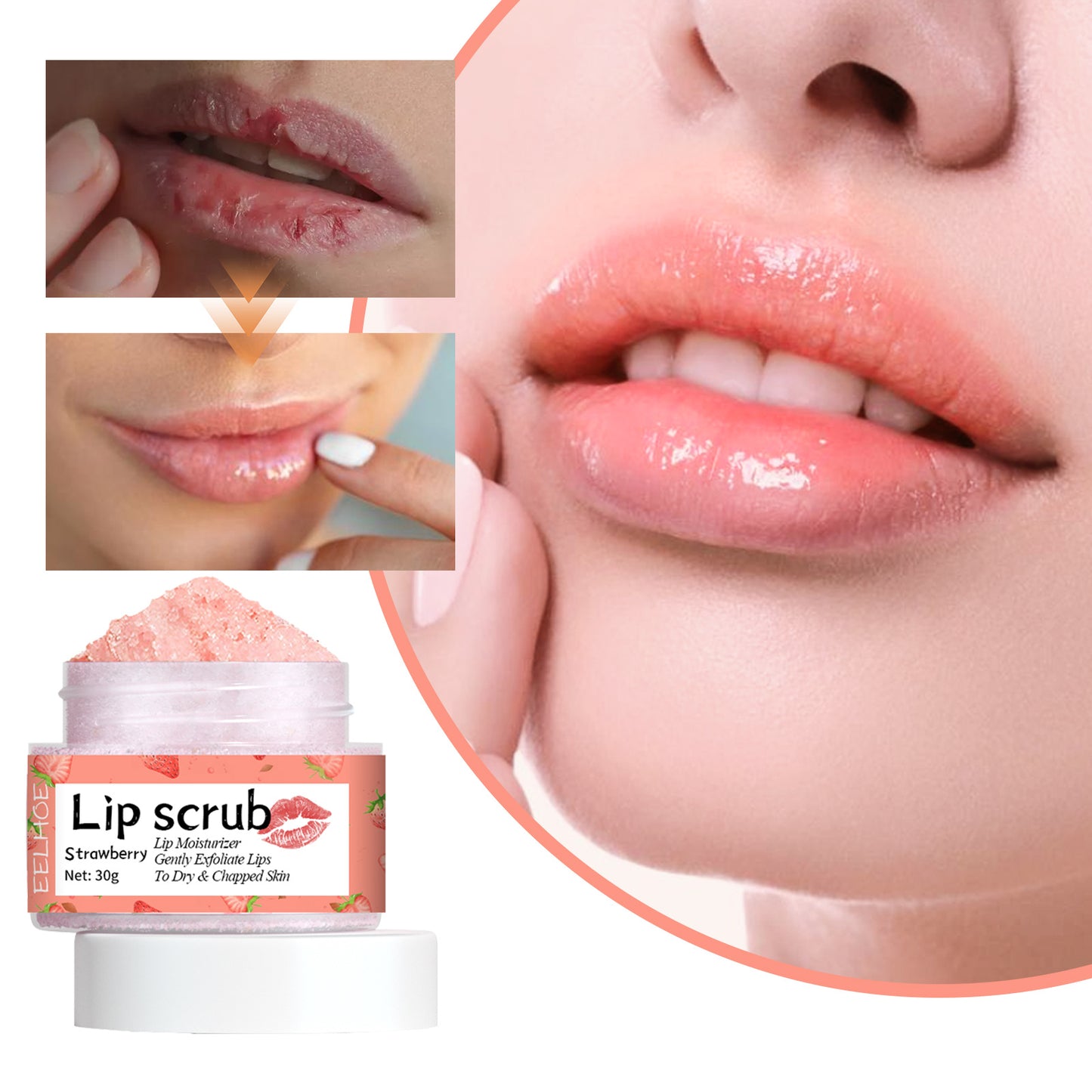 LUNIVA CARE USA strawberry lip scrub for dry lips showing before and after results with smooth hydrated lips