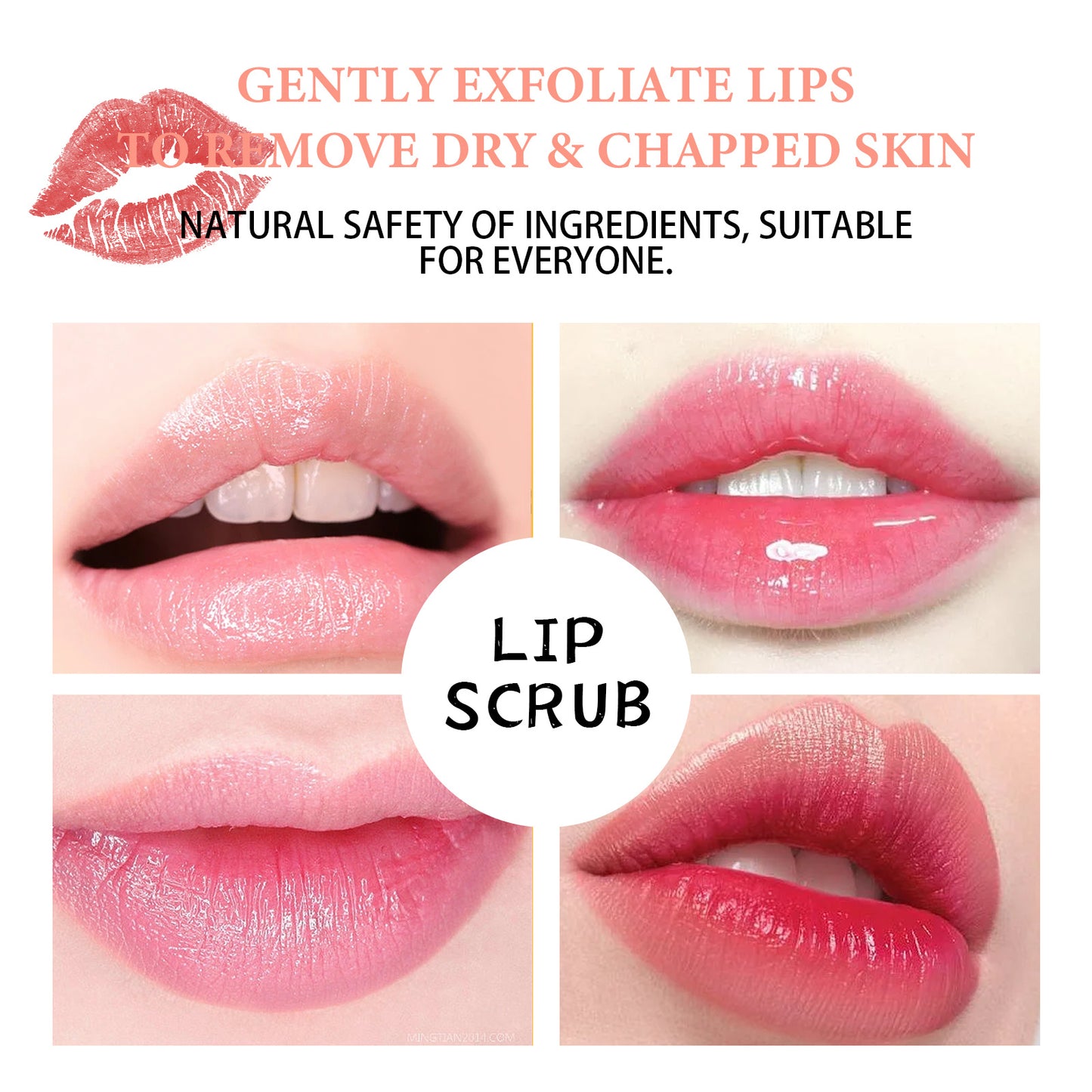 LUNIVA CARE USA strawberry lip scrub for dry lips showing before and after exfoliation on various lips