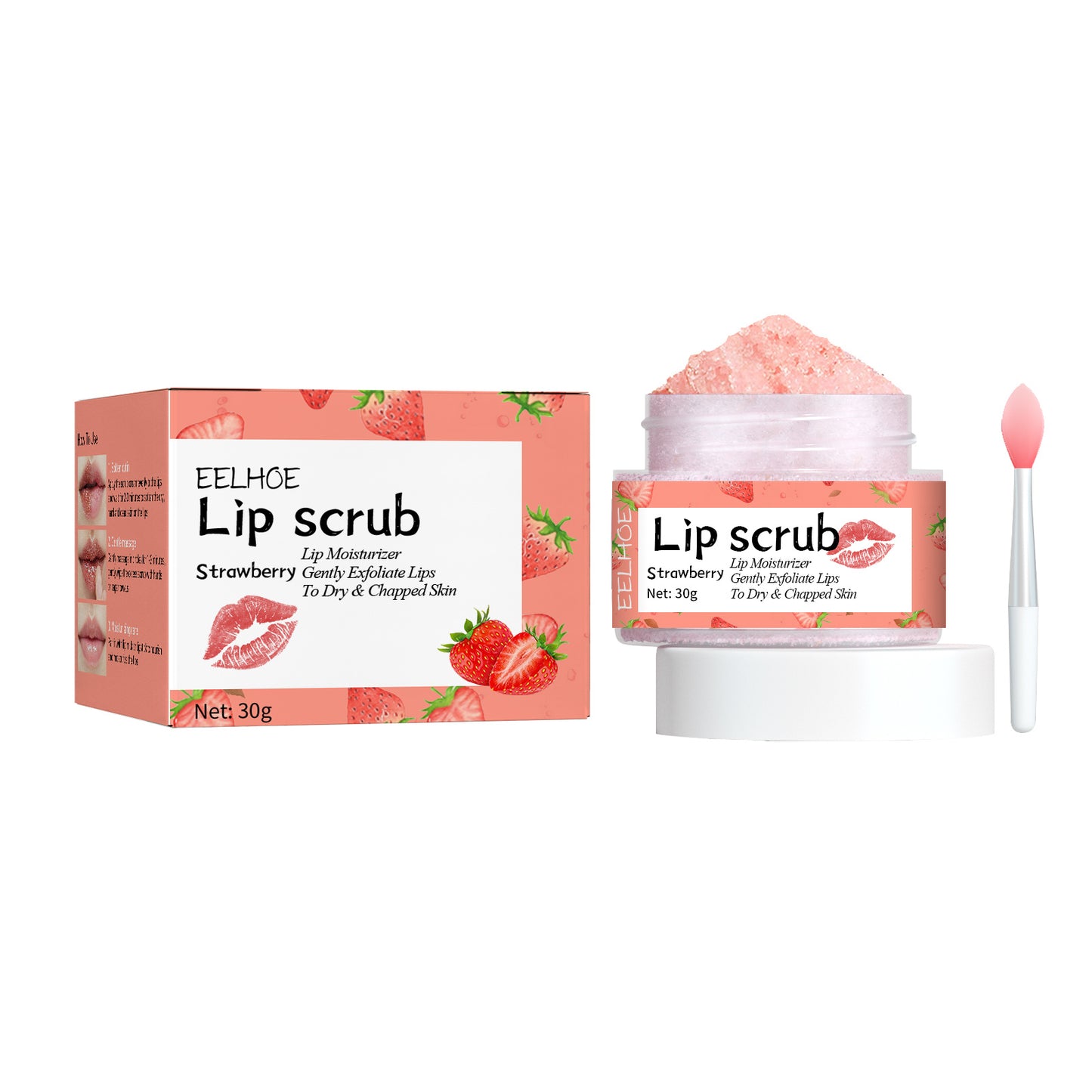 LUNIVA CARE USA strawberry lip scrub for dry lips in a 30g jar with applicator and packaging