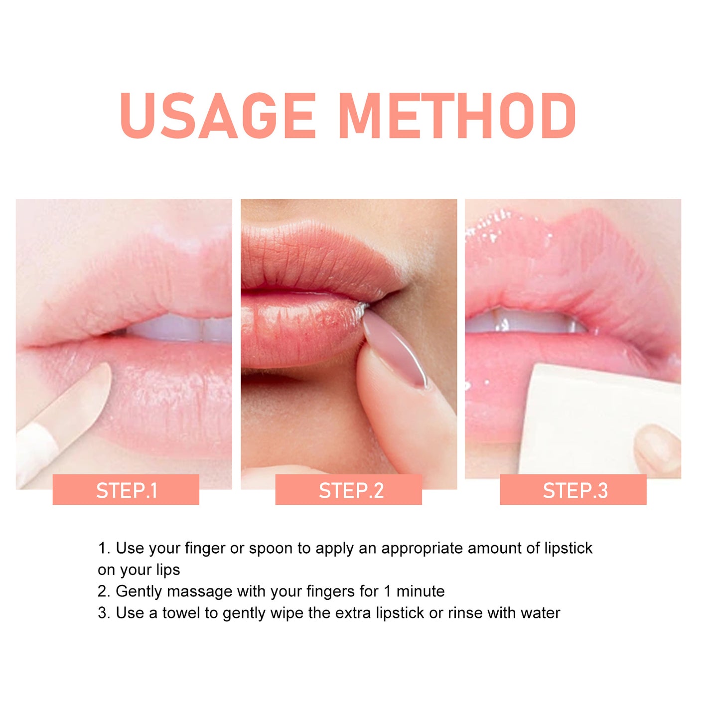 Usage method for strawberry lip scrub for dry lips showing three steps to apply, massage, and wipe off the scrub