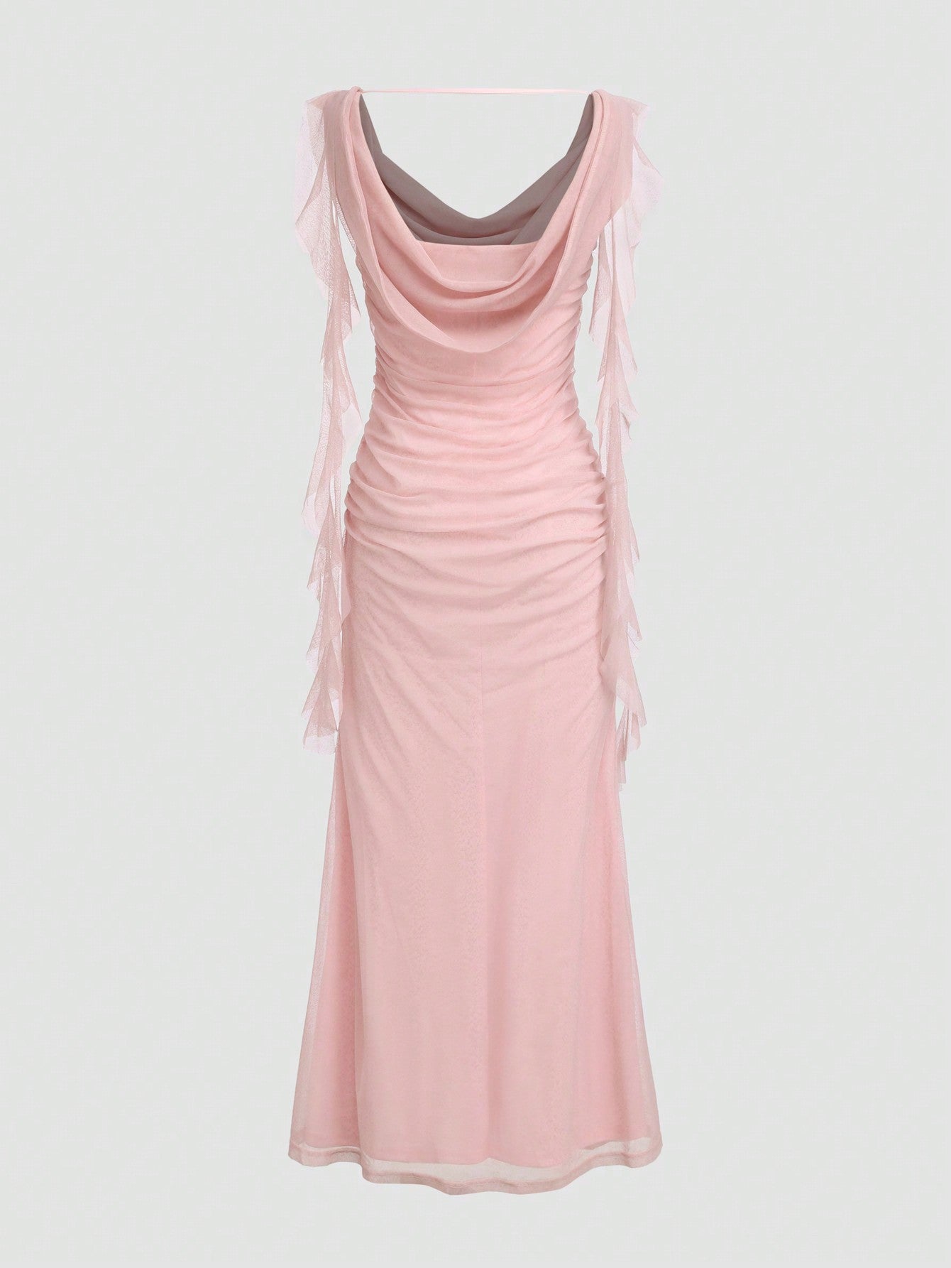 Pink ruched dress with draped neckline and feather details perfect for an elegant wedding guest dress