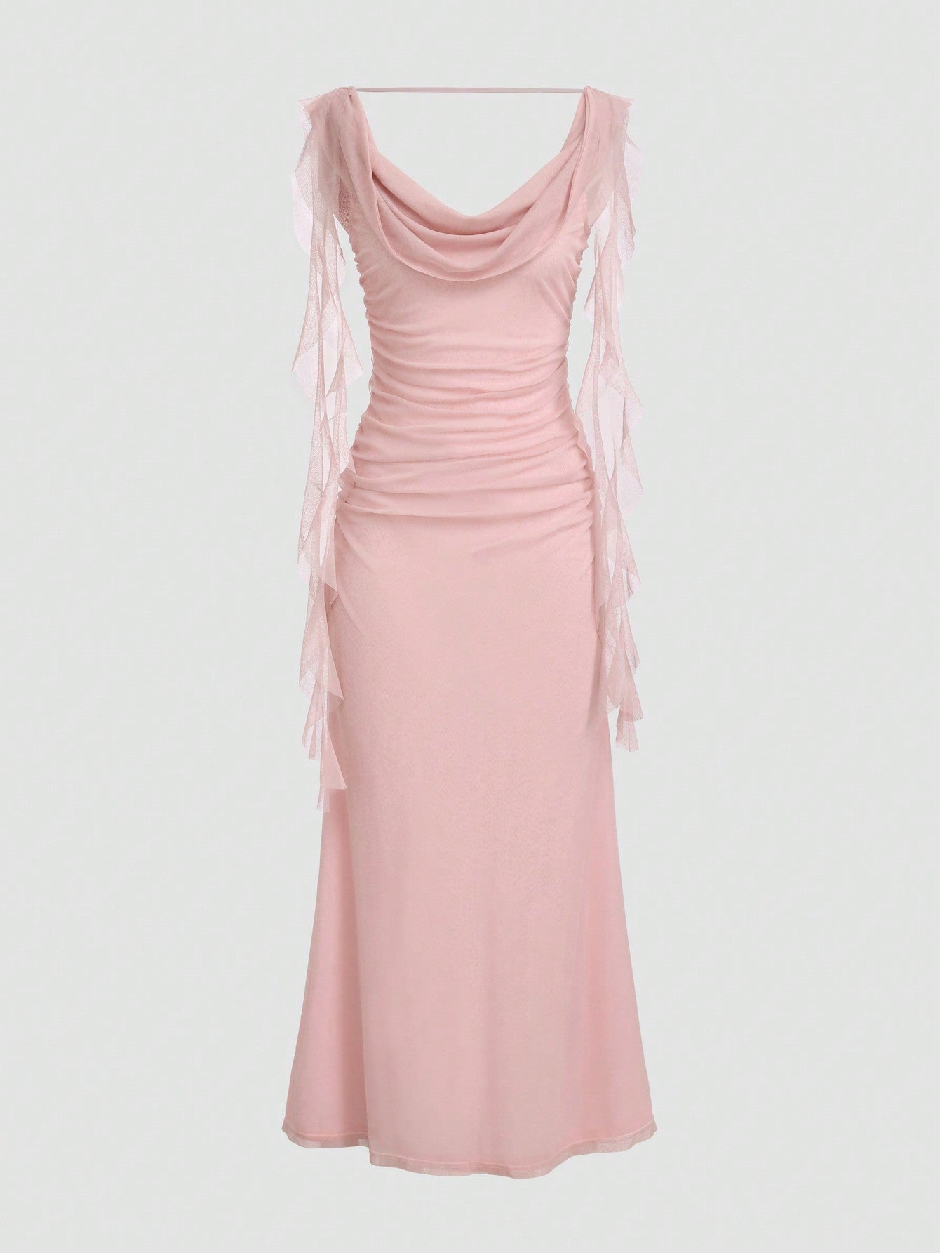 Pink ruched elegant wedding guest dress with sheer ruffle sleeves and draped neckline