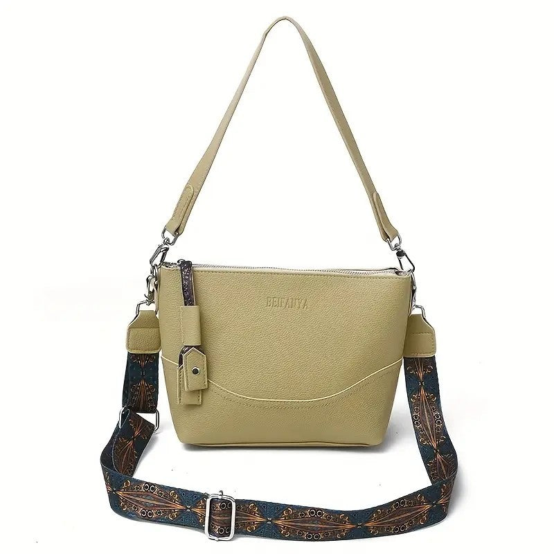 LUNIVA CARE USA ethnic embroidery shoulder bag with beige body and decorative adjustable strap