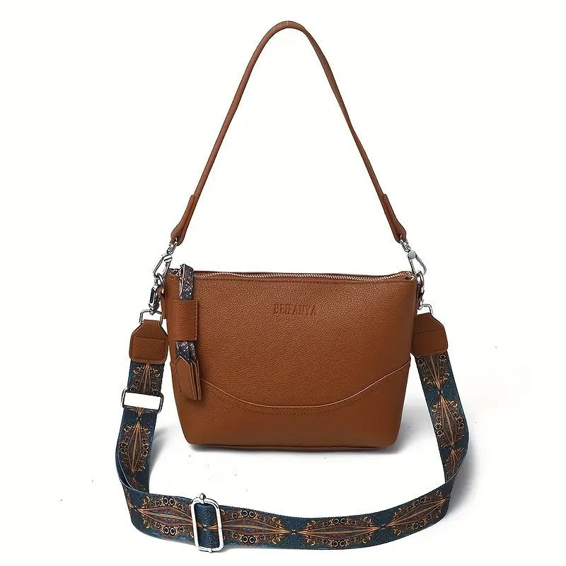 LUNIVA CARE USA ethnic embroidery shoulder bag in brown with patterned crossbody strap