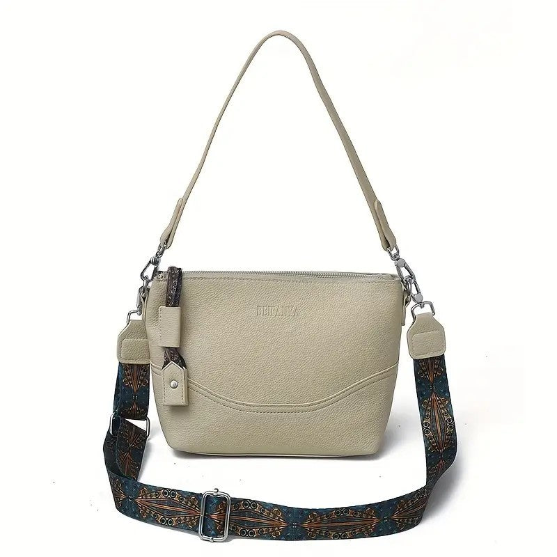 LUNIVA CARE USA ethnic embroidery shoulder bag with beige body and patterned detachable strap