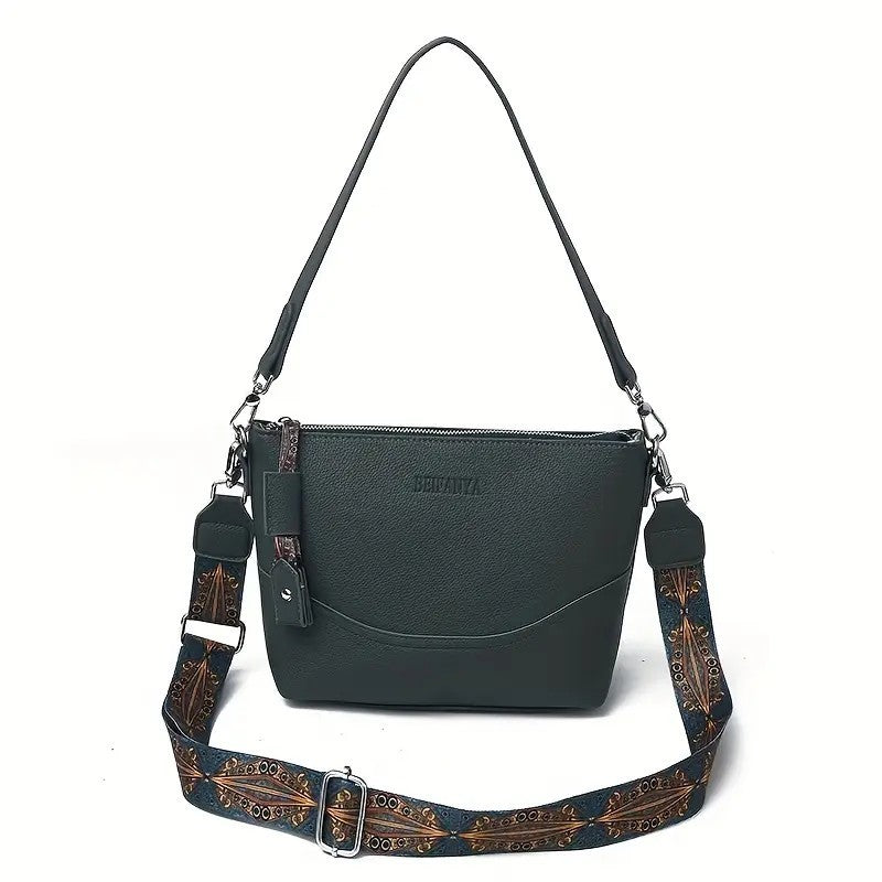 LUNIVA CARE USA ethnic embroidery shoulder bag with dark green body and patterned adjustable strap