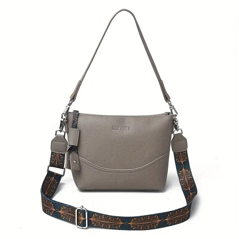 LUNIVA CARE USA ethnic embroidery shoulder bag with adjustable patterned crossbody strap and gray leather body