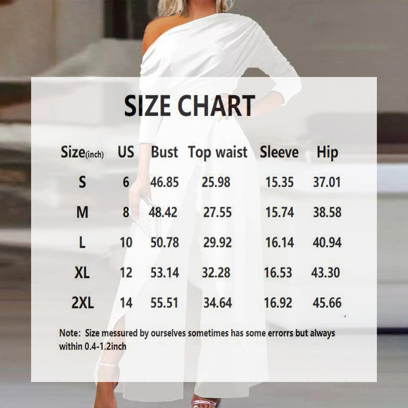 Size chart for formal party jumpsuit with pants slit showing bust waist sleeve and hip measurements