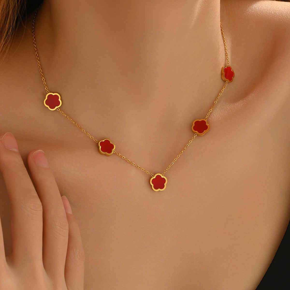 LUNIVA CARE USA gift for women gold necklace with red flower-shaped pendants on gold-plated chain