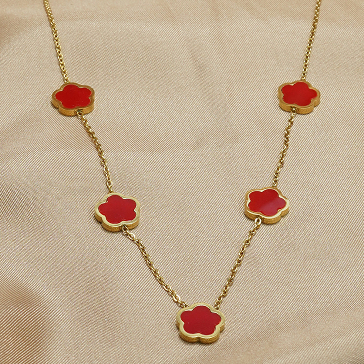 LUNIVA CARE USA gift for women gold necklace with red flower-shaped pendants on gold chain