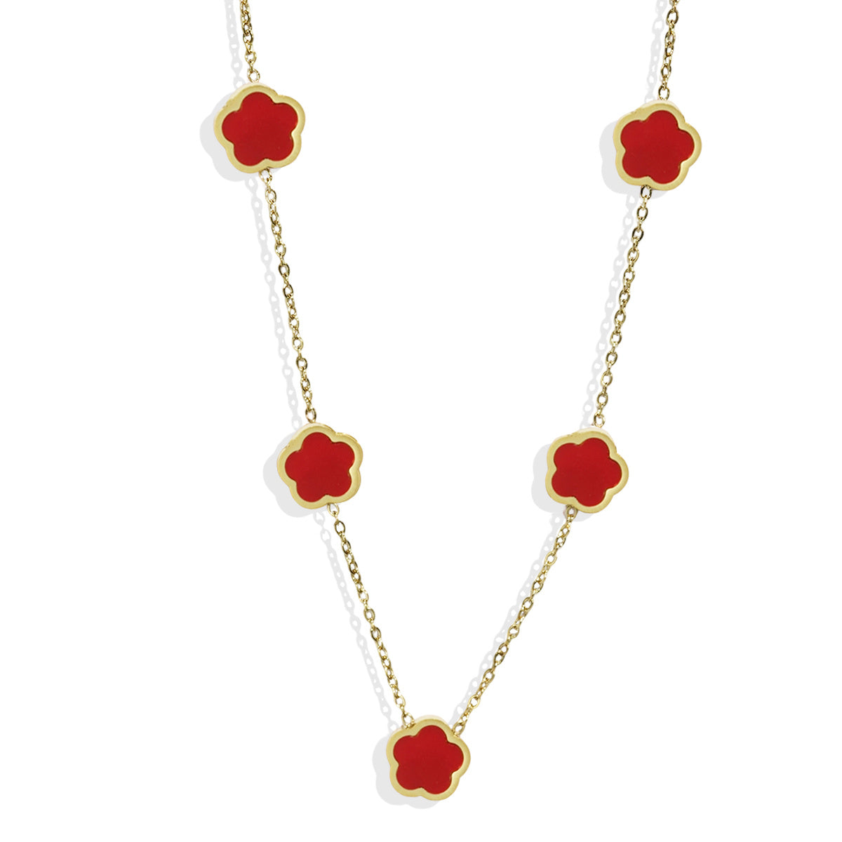 LUNIVA CARE USA gift for women gold necklace with red enamel flower-shaped pendants on gold-plated chain