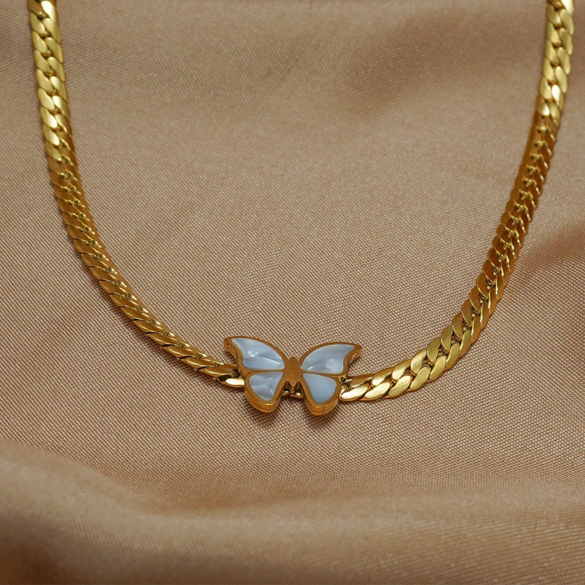 Gold-plated butterfly jewelry gift set for her with delicate white enamel butterfly pendant necklace