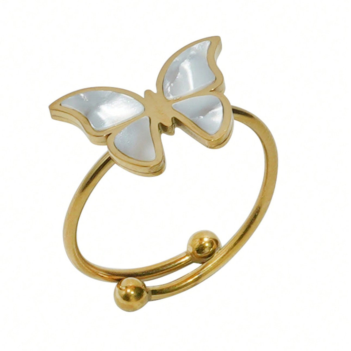 Gold-plated butterfly jewelry gift set for her featuring an elegant adjustable ring with white inlay wings