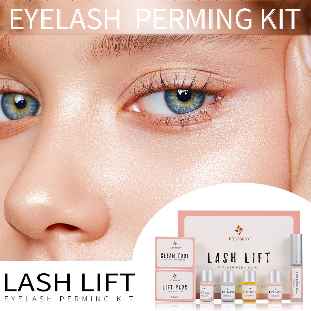 LUNIVA CARE USA professional eyelash lifting set with close-up of eye and lash perming kit bottles