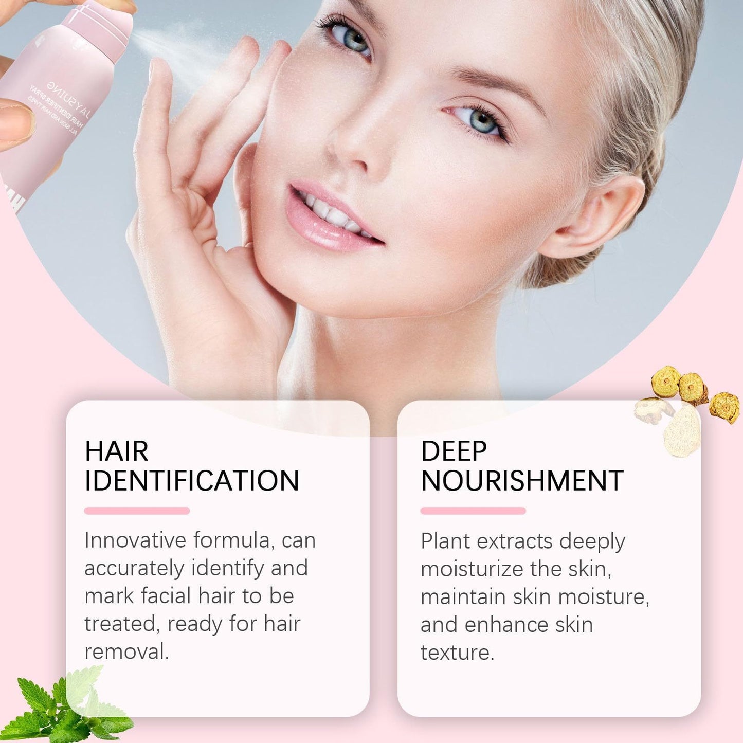 LUNIVA CARE USA hair identifier spray for face shaving showing product and clear smooth facial skin