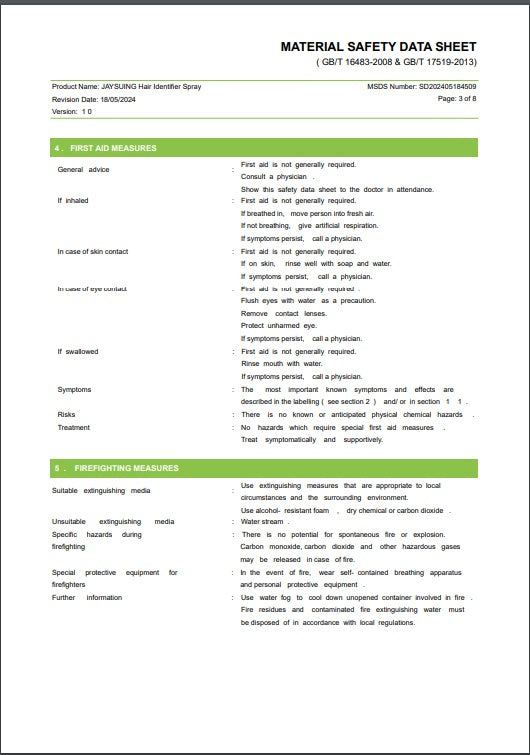 Material safety data sheet for hair identifier spray for face shaving by LUNIVA CARE USA