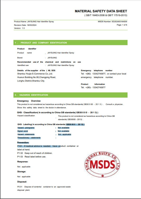 Material safety data sheet for LUNIVA CARE USA JAYSUNG hair identifier spray for face shaving