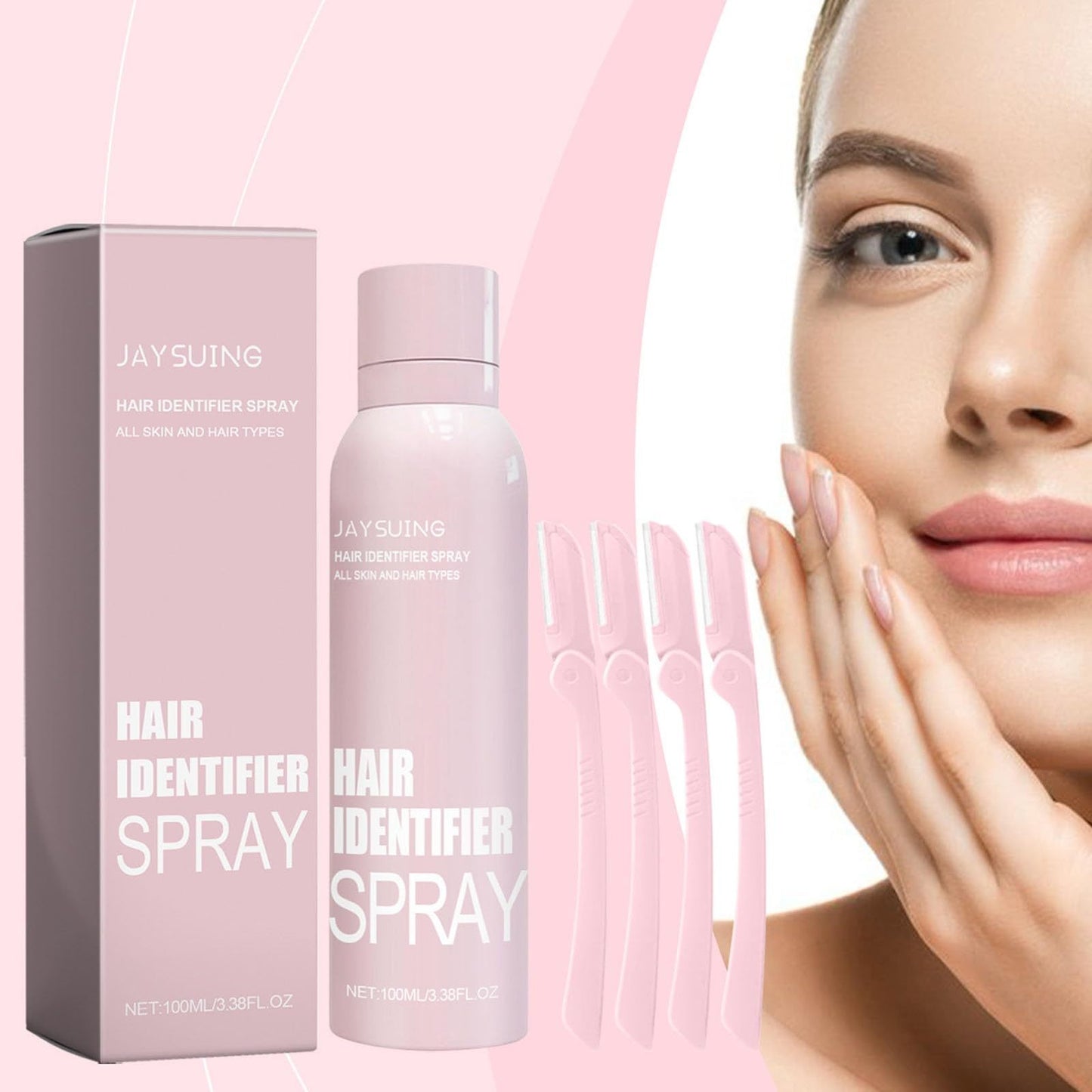 Luniva Care USA hair identifier spray for face shaving with pink packaging and facial razors for dermaplaning