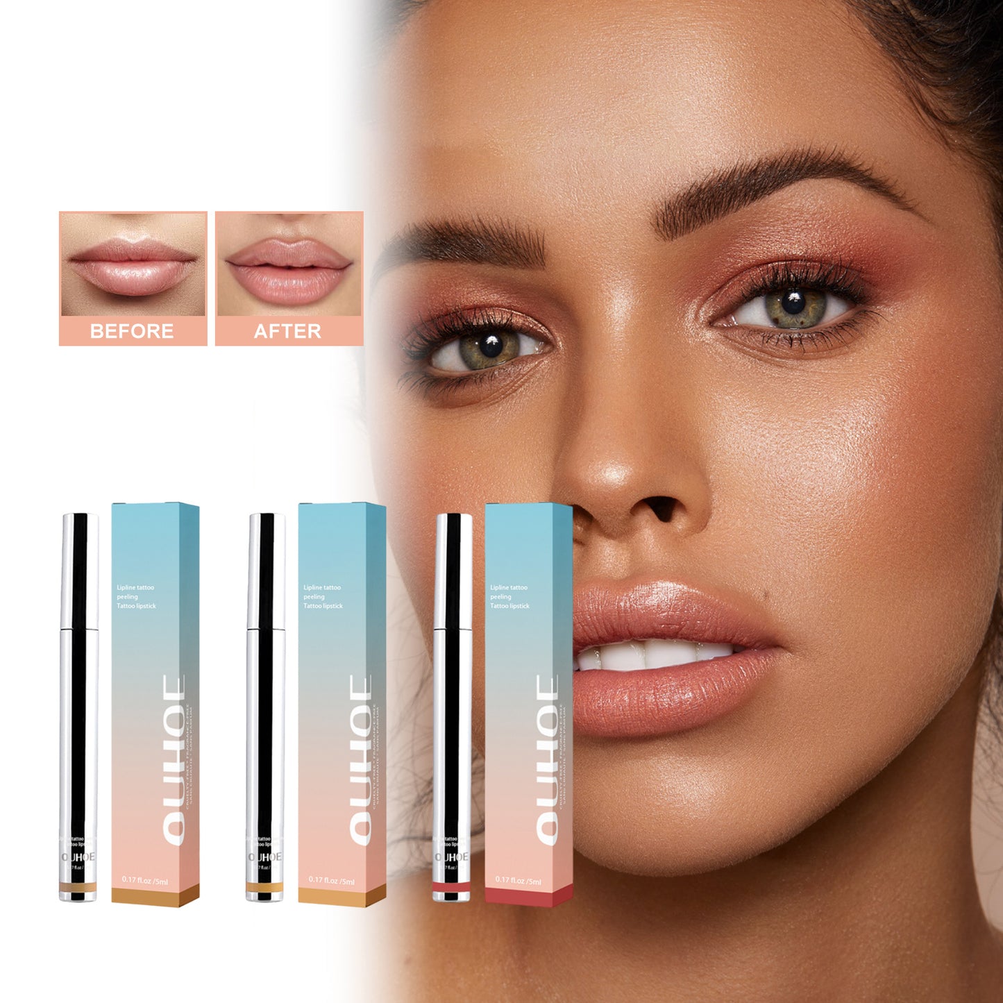LUNIVA CARE USA peel-off lip liner with before and after lip enhancement on model