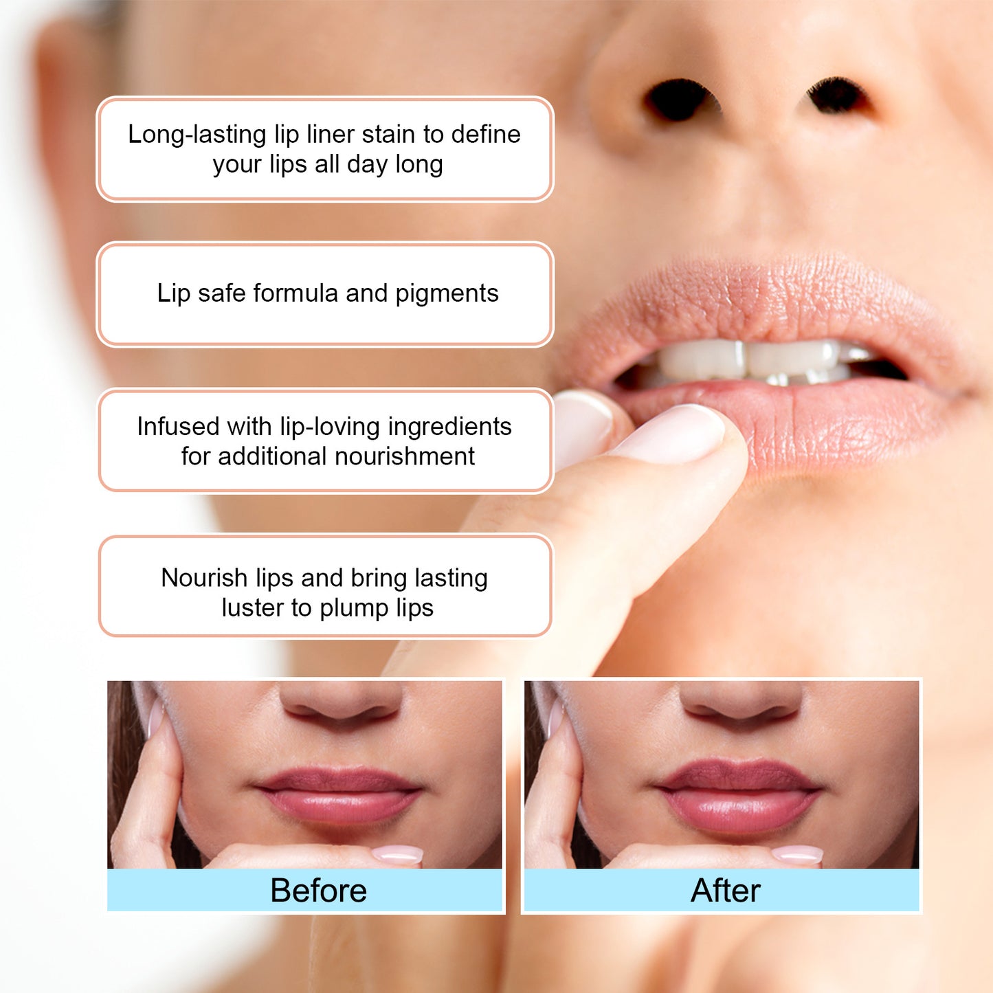 LUNIVA CARE USA peel-off lip liner showing before and after results with long-lasting lip stain